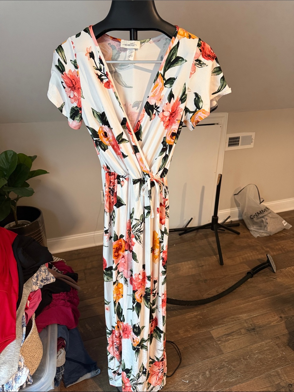 Floral Wrap Maxi Dress in White with Pink & Orange Blooms